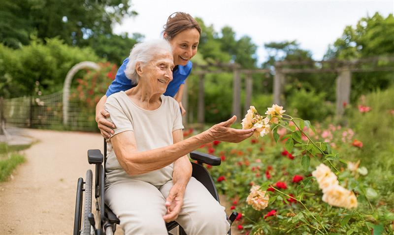Pflegende bestaunt Blumen mit älterer Dame