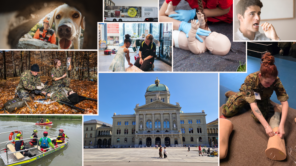Collage mit verschiedenen Einsatz- und Erste-Hilfe-Szenen vor dem Bundeshaus: Rettungshund, Erste-Hilfe-Übungen, Rettungsfahrzeuge und Einsatzkräfte.